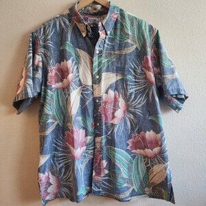 Vintage Reyn Spooner Shirt Mens Large Blue Floral Hawaiian Button Up 90s Aloha